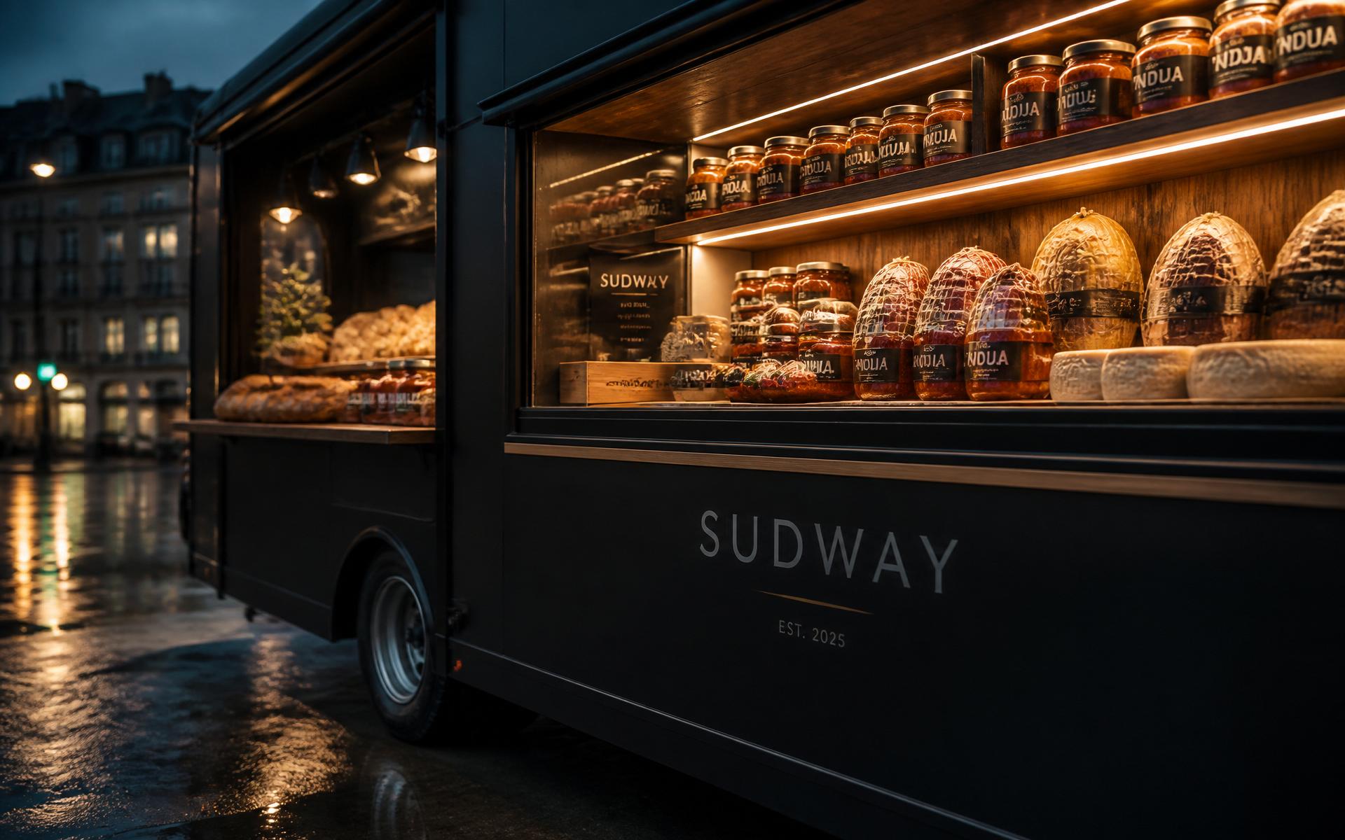 Il food van SUDWAY con display illuminato di prodotti calabresi